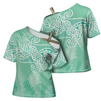 Aotearoa Maori Koru Curves Cross Shoulder Shirt Silver Ferns - Mint LT7 - Polynesian Pride