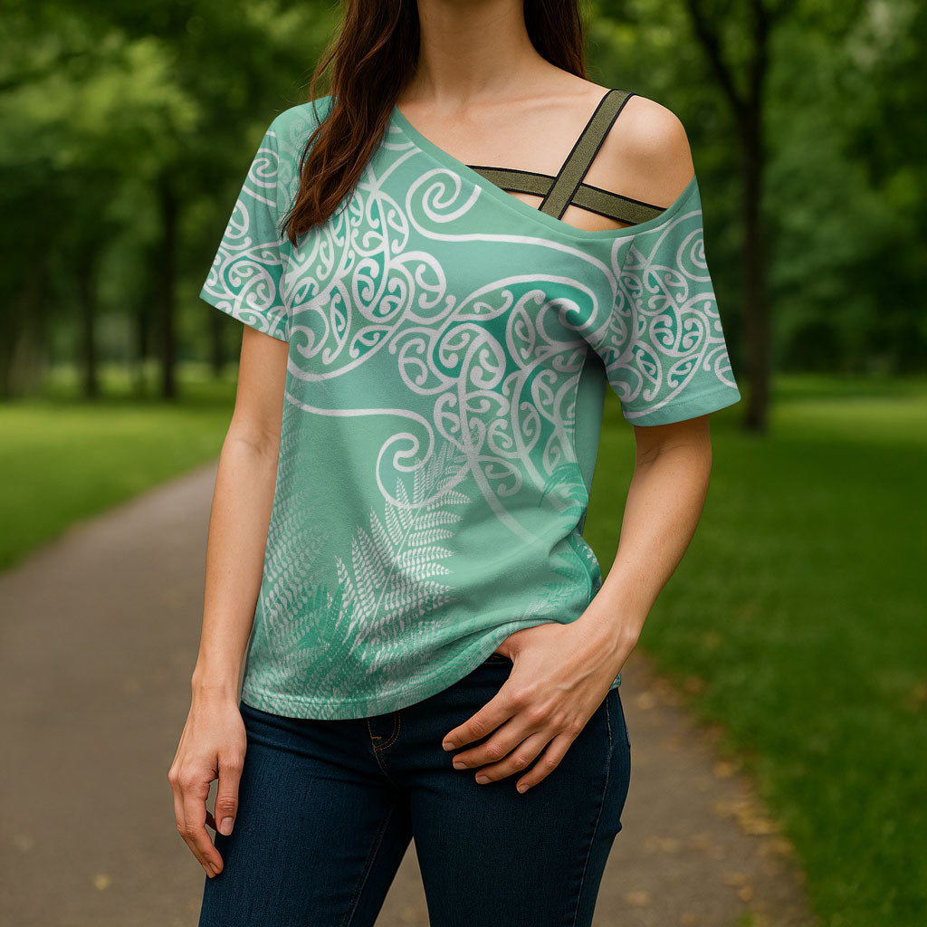 Aotearoa Maori Koru Curves Cross Shoulder Shirt Silver Ferns - Mint LT7 - Polynesian Pride