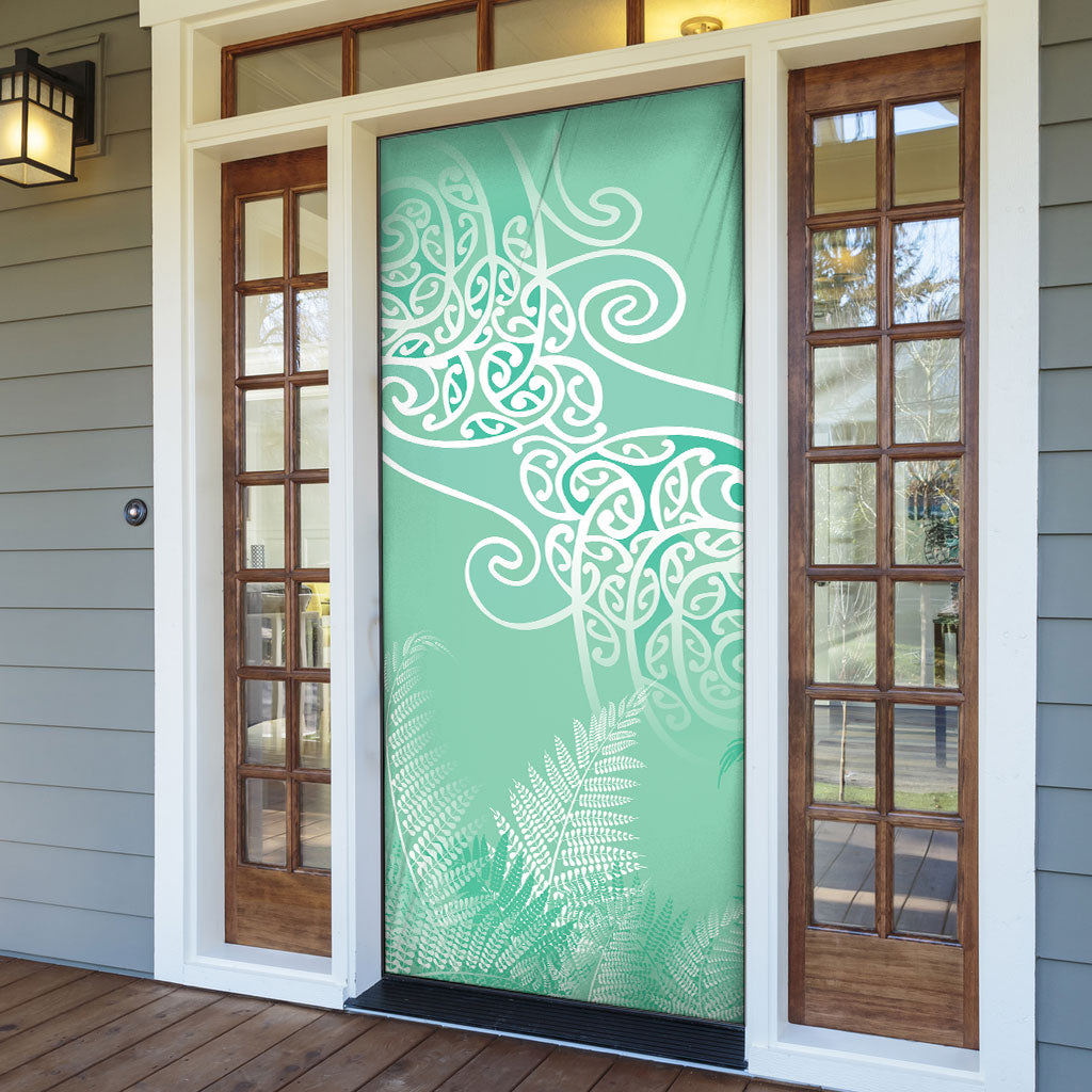 Aotearoa Maori Koru Curves Door Cover Silver Ferns - Mint LT7 - Polynesian Pride
