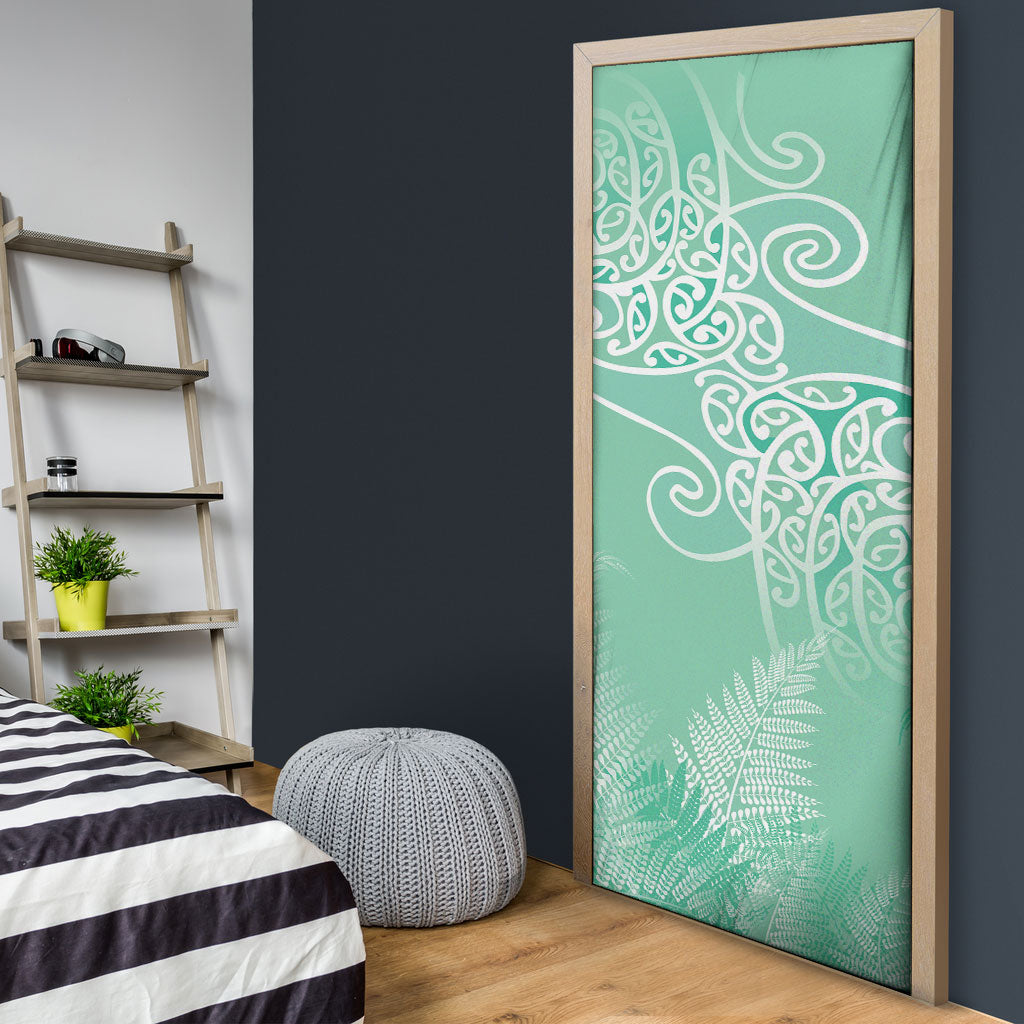 Aotearoa Maori Koru Curves Door Cover Silver Ferns - Mint LT7 - Polynesian Pride