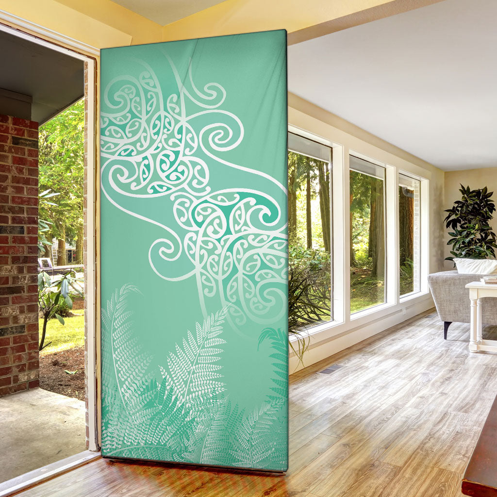 Aotearoa Maori Koru Curves Door Cover Silver Ferns - Mint LT7 - Polynesian Pride