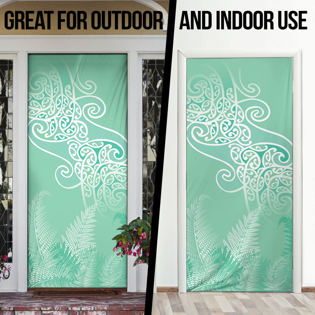 Aotearoa Maori Koru Curves Door Cover Silver Ferns - Mint LT7 - Polynesian Pride