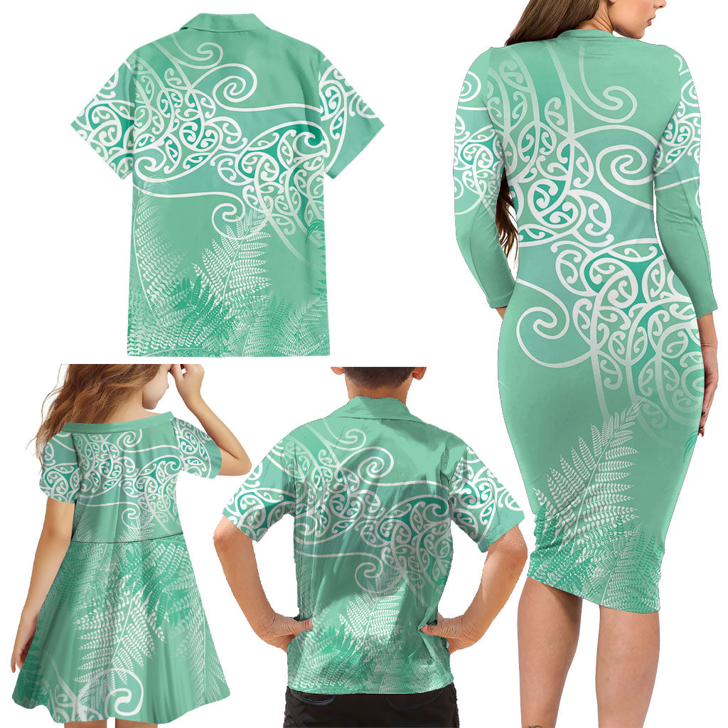Aotearoa Maori Koru Curves Family Matching Long Sleeve Bodycon Dress and Hawaiian Shirt Silver Ferns - Mint
