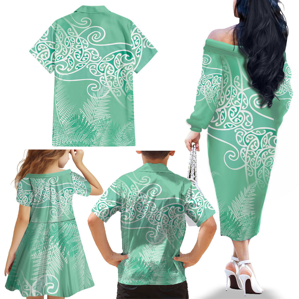Aotearoa Maori Koru Curves Family Matching Off The Shoulder Long Sleeve Dress and Hawaiian Shirt Silver Ferns - Mint