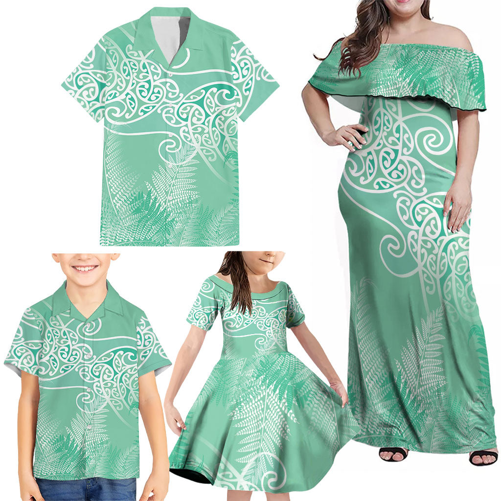Aotearoa Maori Koru Curves Family Matching Off Shoulder Maxi Dress and Hawaiian Shirt Silver Ferns - Mint LT7 - Polynesian Pride
