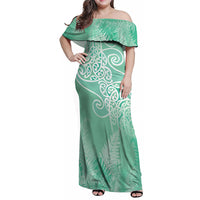 Aotearoa Maori Koru Curves Family Matching Off Shoulder Maxi Dress and Hawaiian Shirt Silver Ferns - Mint