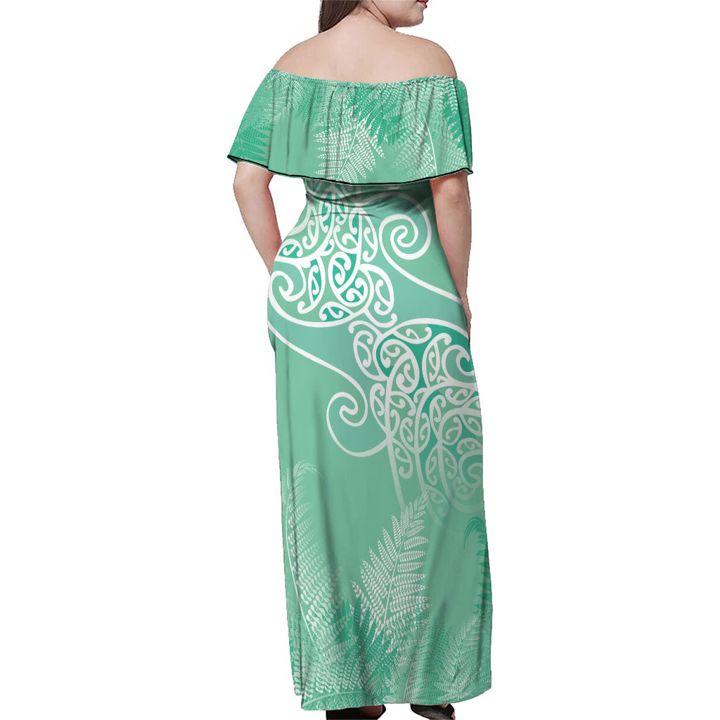 Aotearoa Maori Koru Curves Family Matching Off Shoulder Maxi Dress and Hawaiian Shirt Silver Ferns - Mint