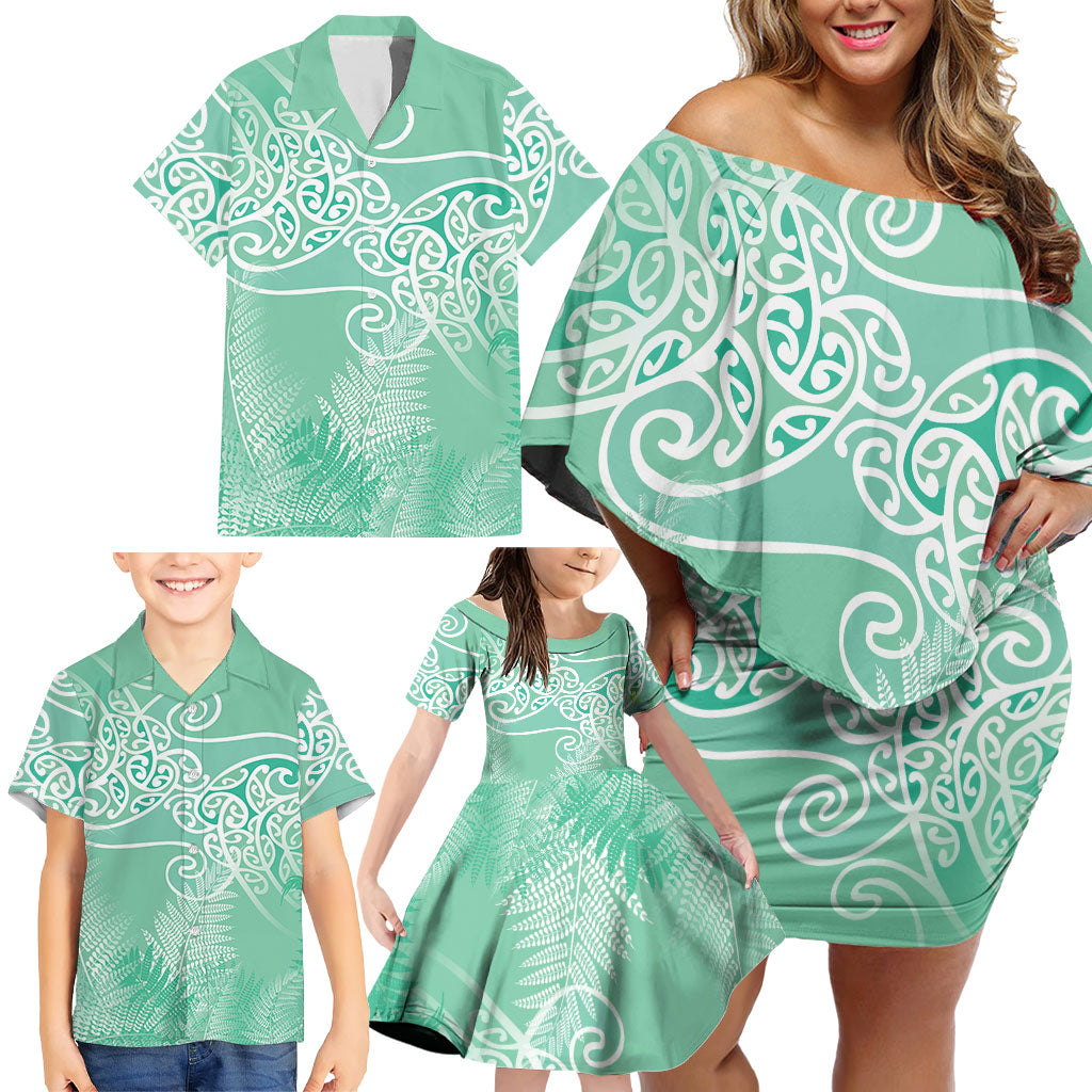 Aotearoa Maori Koru Curves Family Matching Off Shoulder Short Dress and Hawaiian Shirt Silver Ferns - Mint