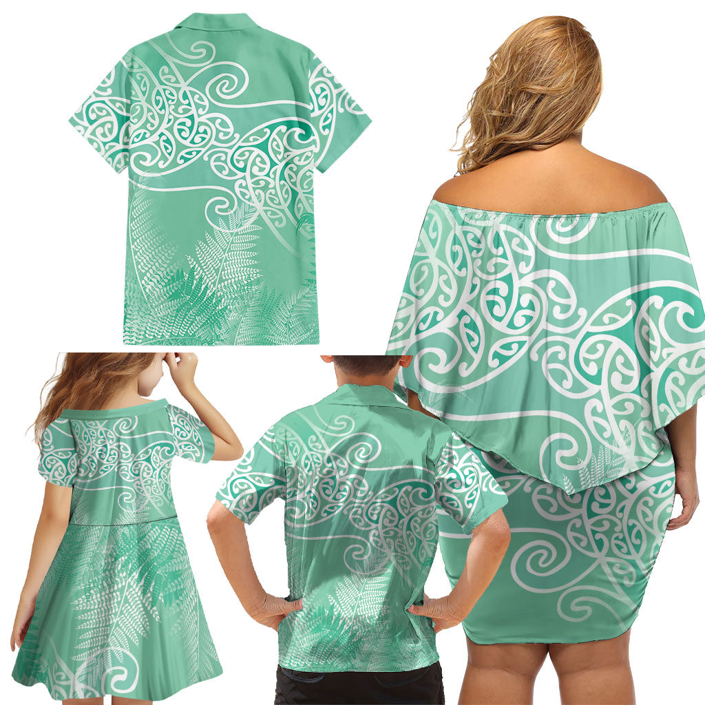 Aotearoa Maori Koru Curves Family Matching Off Shoulder Short Dress and Hawaiian Shirt Silver Ferns - Mint