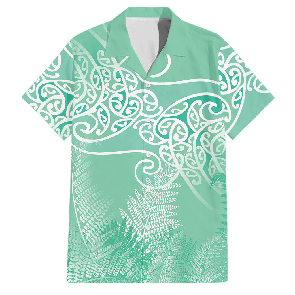 Aotearoa Maori Koru Curves Family Matching Off Shoulder Short Dress and Hawaiian Shirt Silver Ferns - Mint