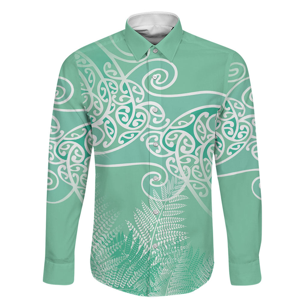 Aotearoa Maori Koru Curves Family Matching Off Shoulder Short Dress and Hawaiian Shirt Silver Ferns - Mint