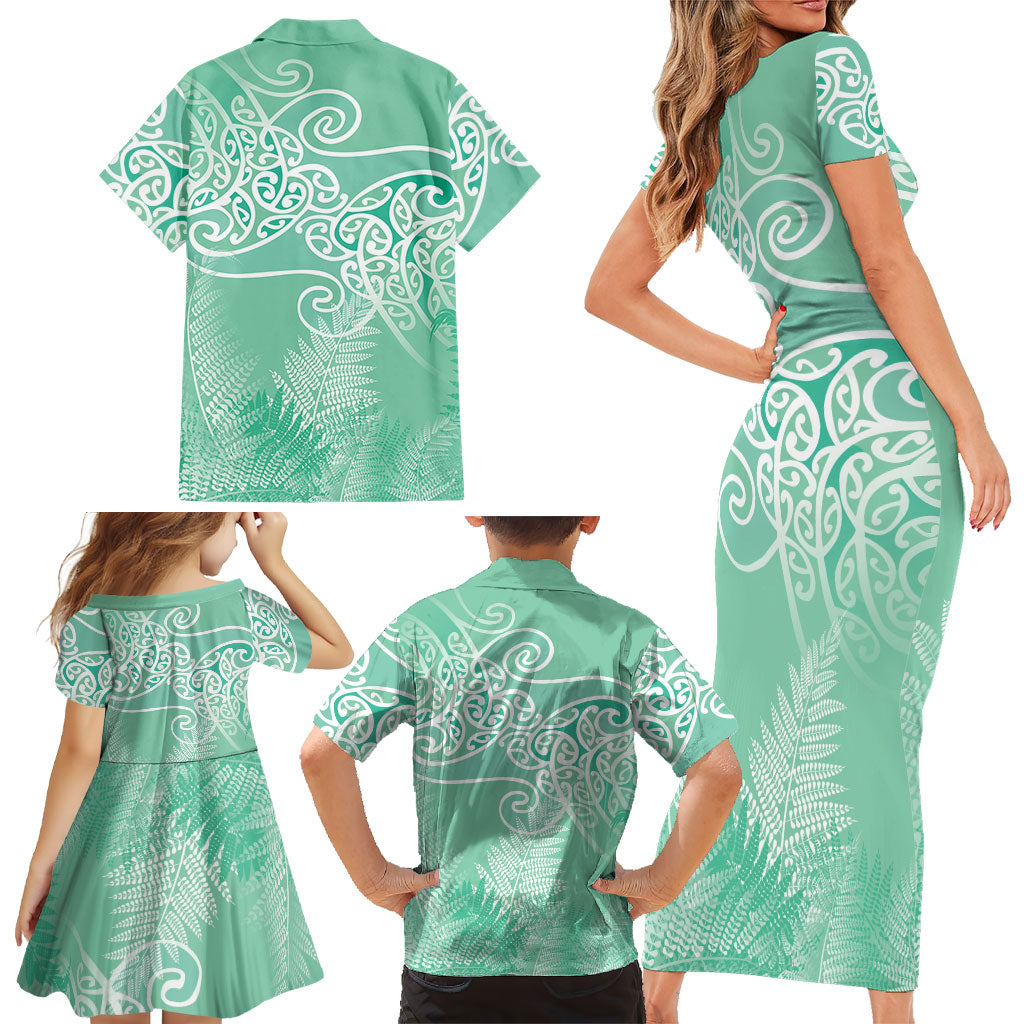 Aotearoa Maori Koru Curves Family Matching Short Sleeve Bodycon Dress and Hawaiian Shirt Silver Ferns - Mint