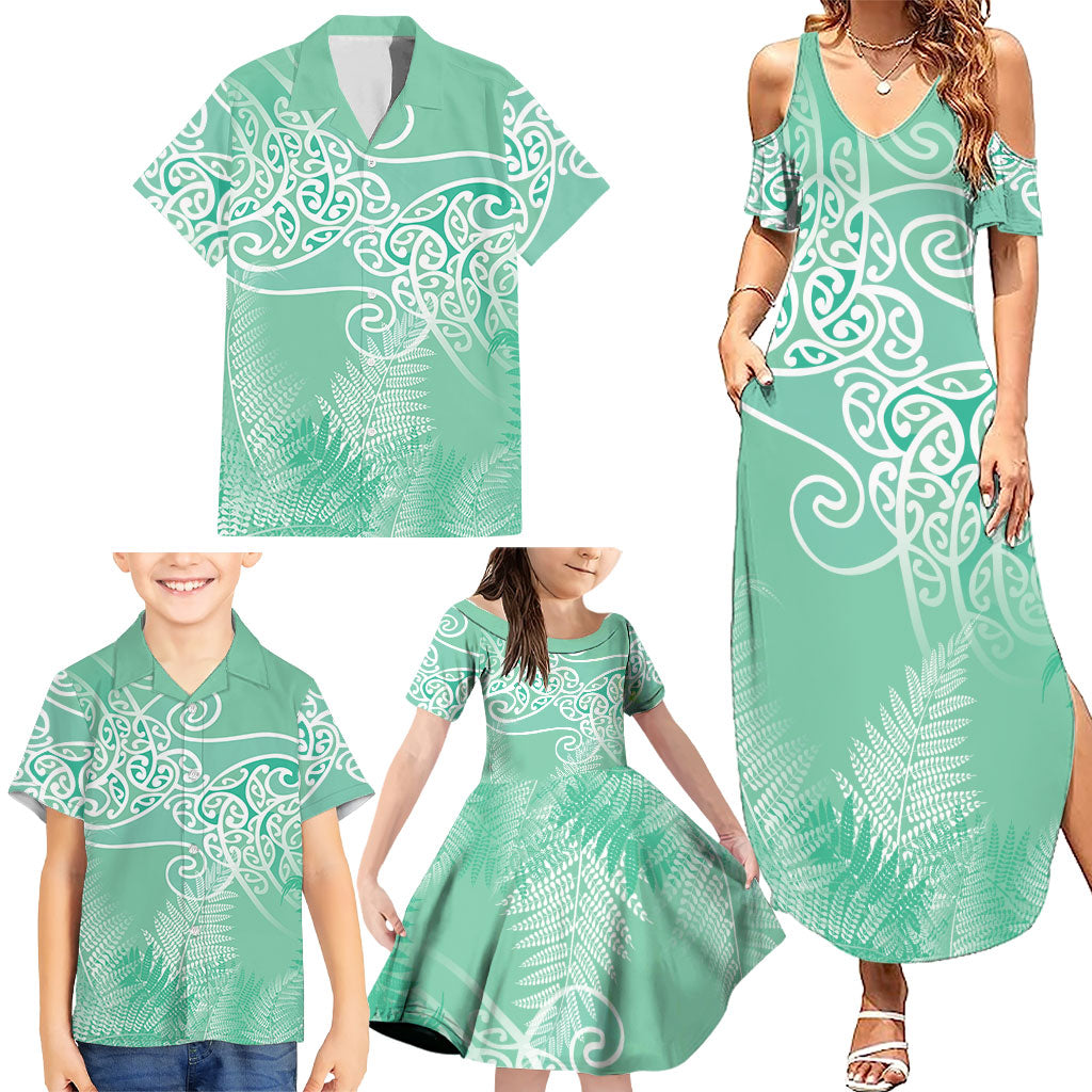 Aotearoa Maori Koru Curves Family Matching Summer Maxi Dress and Hawaiian Shirt Silver Ferns - Mint LT7 - Polynesian Pride
