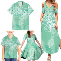 Aotearoa Maori Koru Curves Family Matching Summer Maxi Dress and Hawaiian Shirt Silver Ferns - Mint