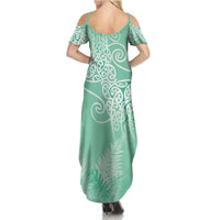 Aotearoa Maori Koru Curves Family Matching Summer Maxi Dress and Hawaiian Shirt Silver Ferns - Mint