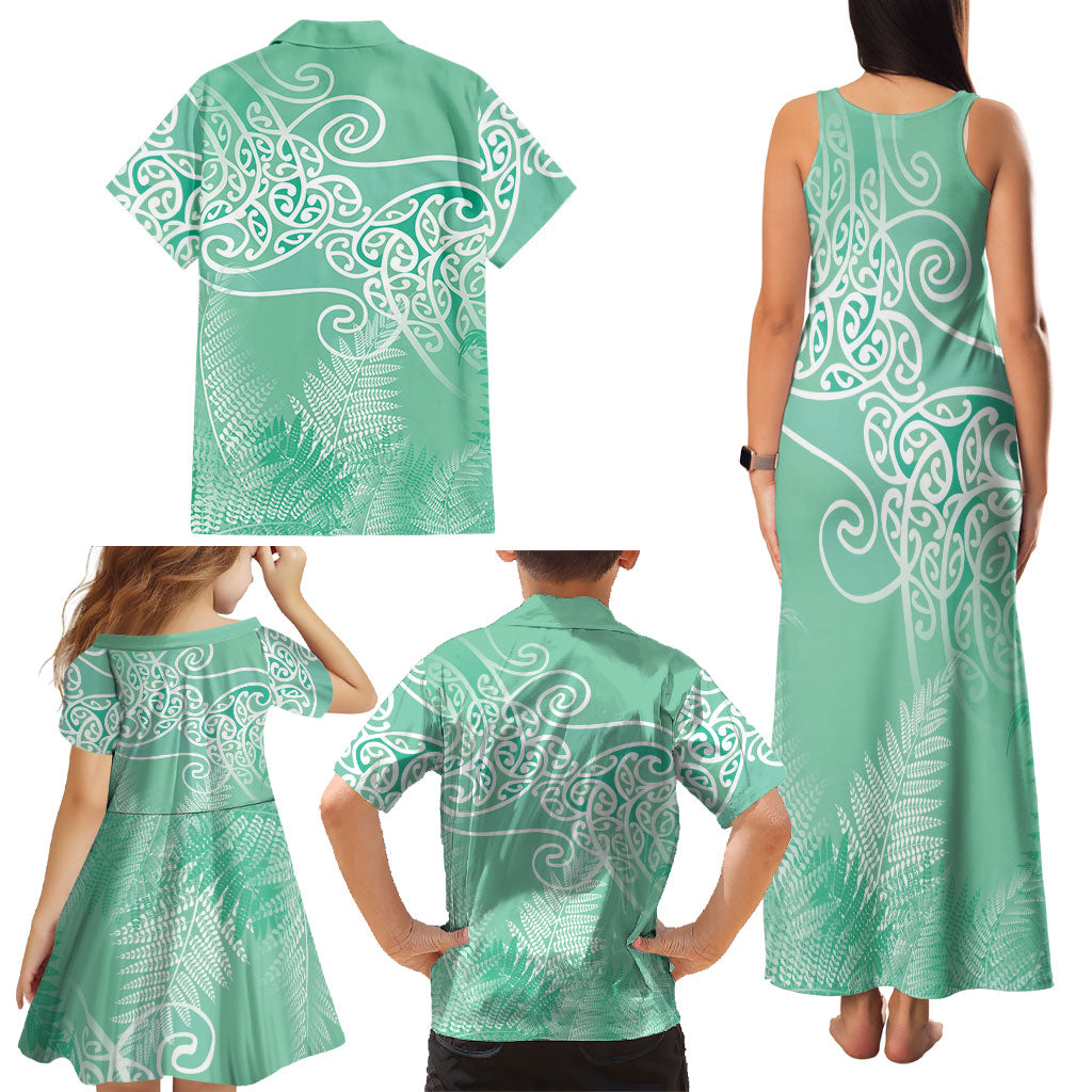 Aotearoa Maori Koru Curves Family Matching Tank Maxi Dress and Hawaiian Shirt Silver Ferns - Mint