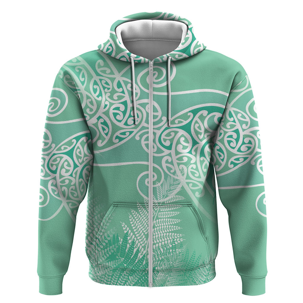 Aotearoa Maori Koru Curves Hoodie Silver Ferns - Mint