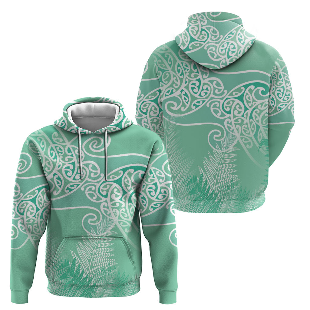 Aotearoa Maori Koru Curves Hoodie Silver Ferns - Mint