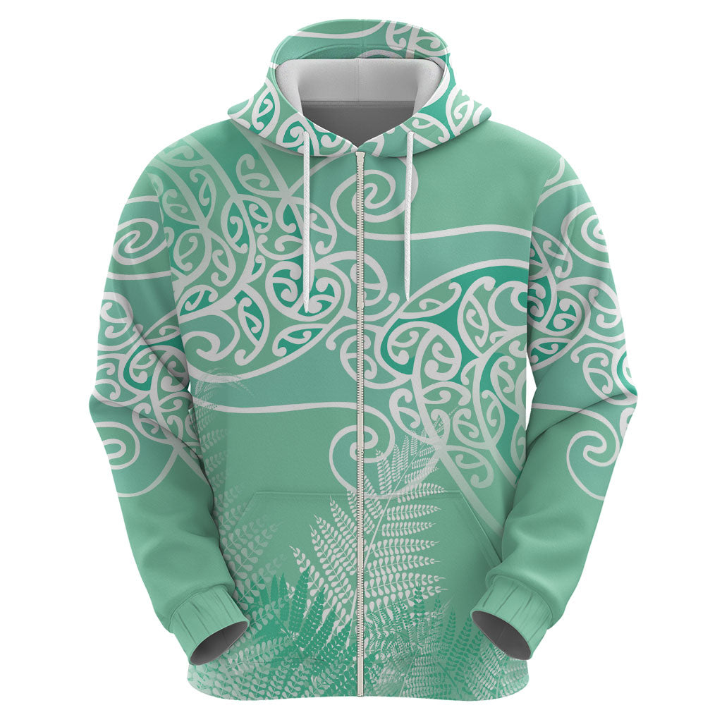 Aotearoa Maori Koru Curves Hoodie Silver Ferns - Mint