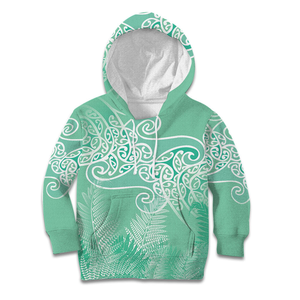 Aotearoa Maori Koru Curves Kid Hoodie Silver Ferns - Mint LT7 Hoodie Mint Green - Polynesian Pride