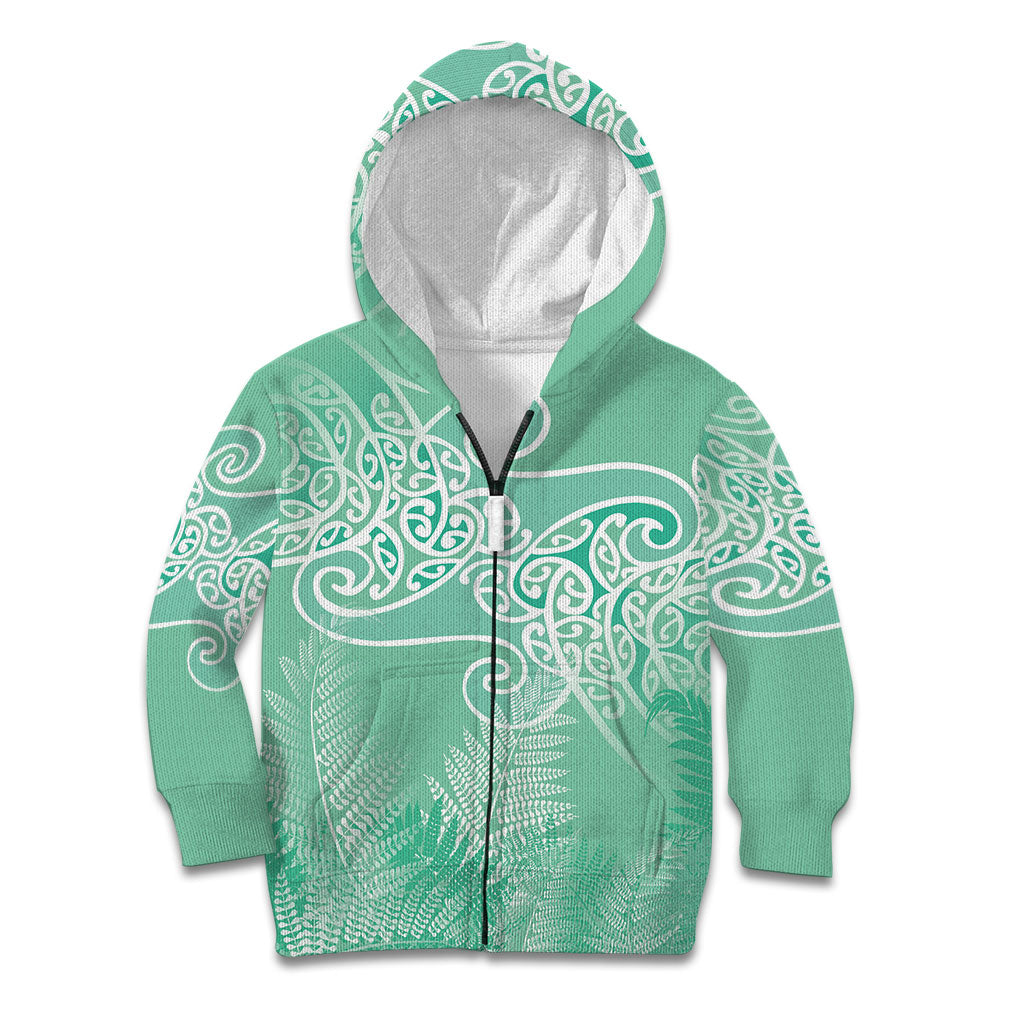 Aotearoa Maori Koru Curves Kid Hoodie Silver Ferns - Mint LT7 Zip Hoodie Mint Green - Polynesian Pride