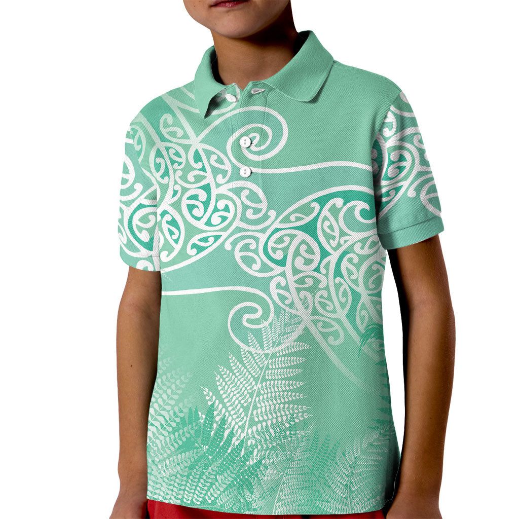 Aotearoa Maori Koru Curves Kid Polo Shirt Silver Ferns - Mint LT7 Kid Mint Green - Polynesian Pride