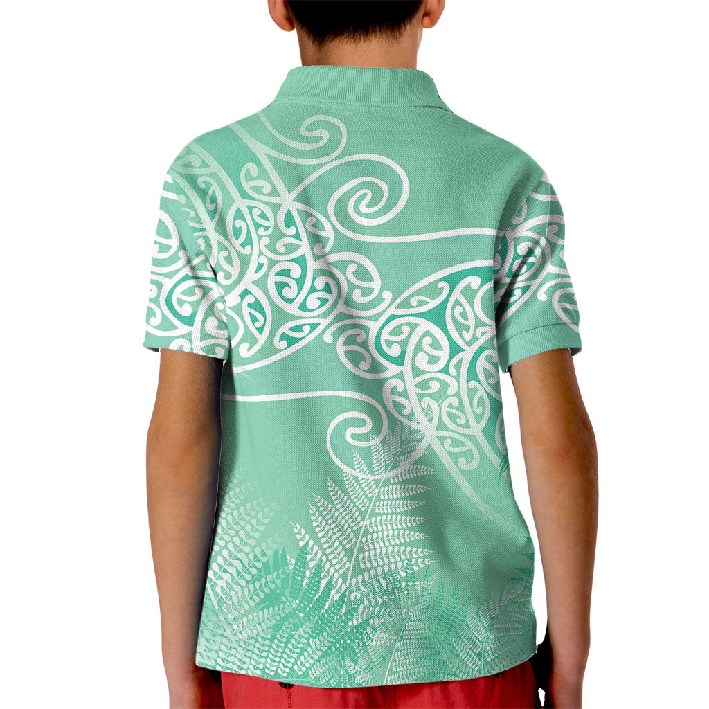 Aotearoa Maori Koru Curves Kid Polo Shirt Silver Ferns - Mint LT7 - Polynesian Pride