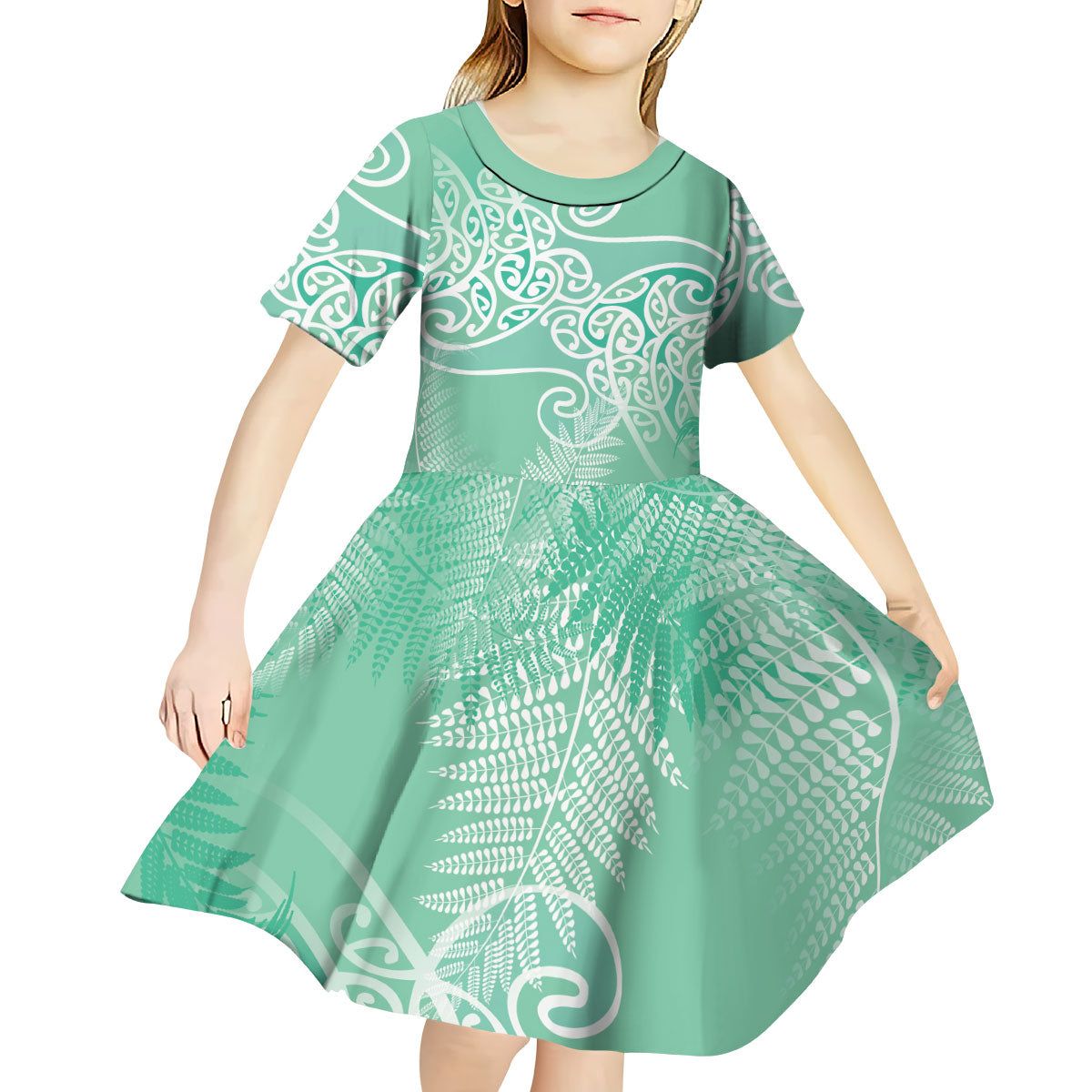 Aotearoa Maori Koru Curves Kid Short Sleeve Dress Silver Ferns - Mint LT7 - Polynesian Pride