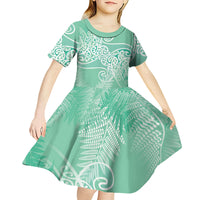Aotearoa Maori Koru Curves Kid Short Sleeve Dress Silver Ferns - Mint LT7 - Polynesian Pride