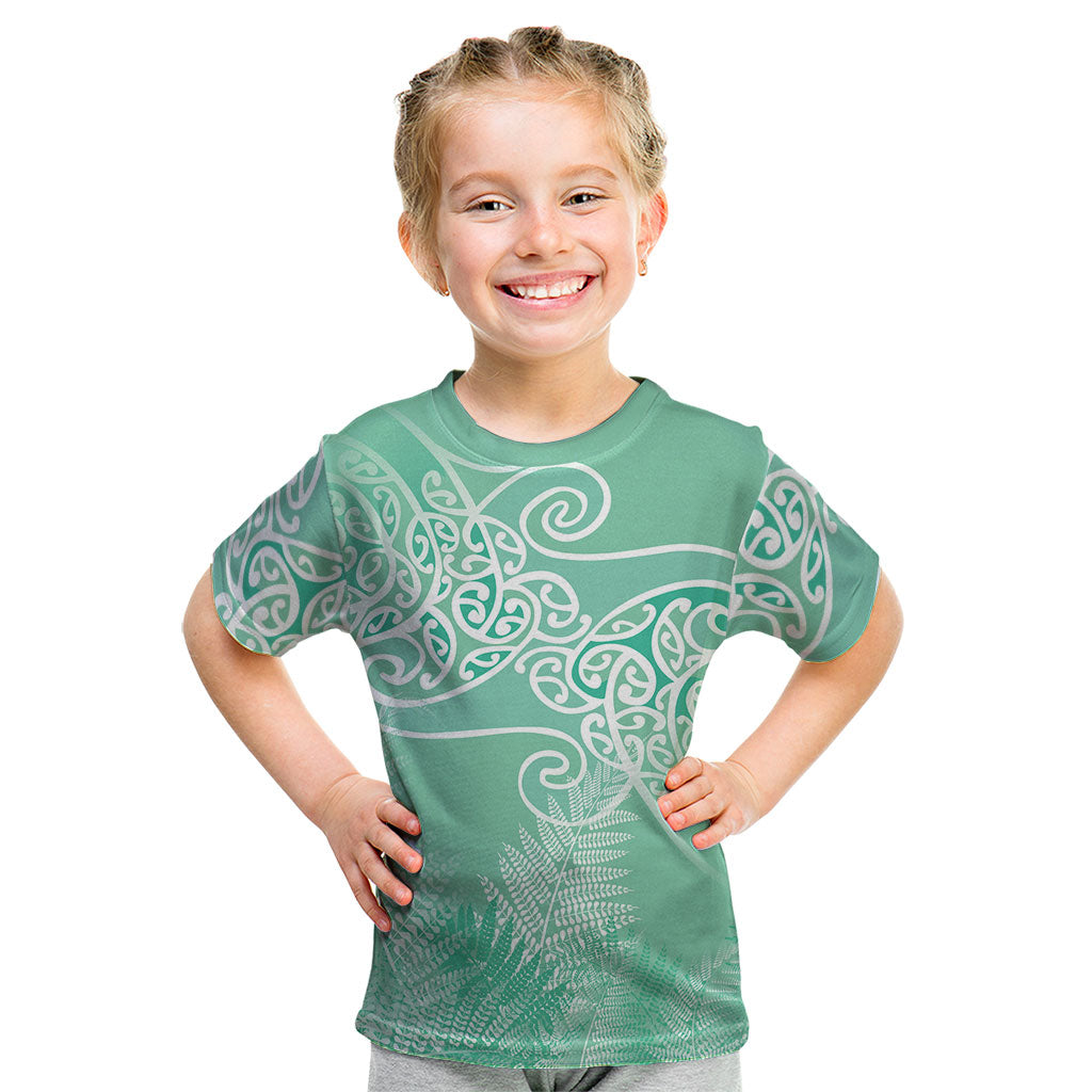 Aotearoa Maori Koru Curves Kid T Shirt Silver Ferns - Mint LT7 Mint Green - Polynesian Pride
