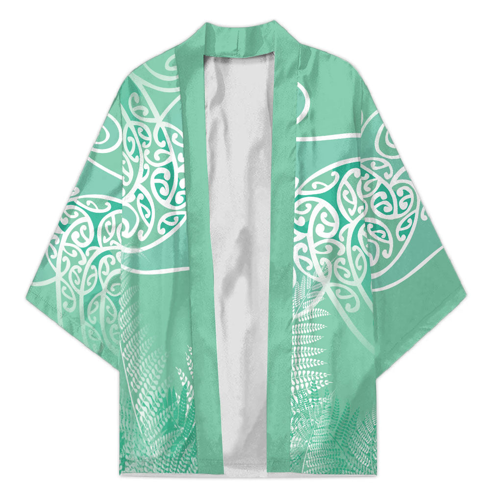 Aotearoa Maori Koru Curves Kimono Silver Ferns - Mint LT7 Unisex Mint Green - Polynesian Pride