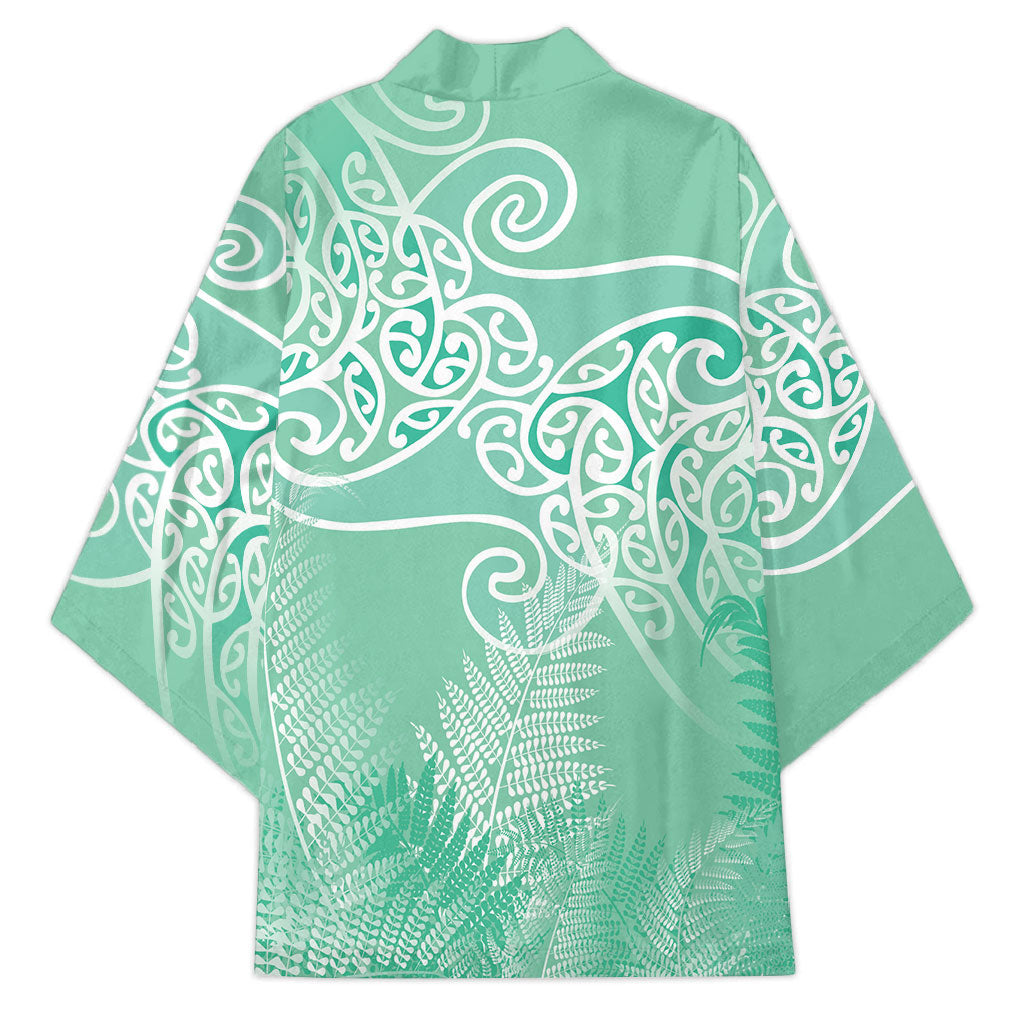 Aotearoa Maori Koru Curves Kimono Silver Ferns - Mint LT7 - Polynesian Pride