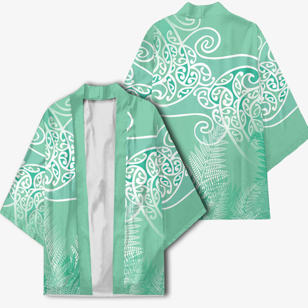 Aotearoa Maori Koru Curves Kimono Silver Ferns - Mint LT7 - Polynesian Pride