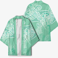 Aotearoa Maori Koru Curves Kimono Silver Ferns - Mint LT7 - Polynesian Pride