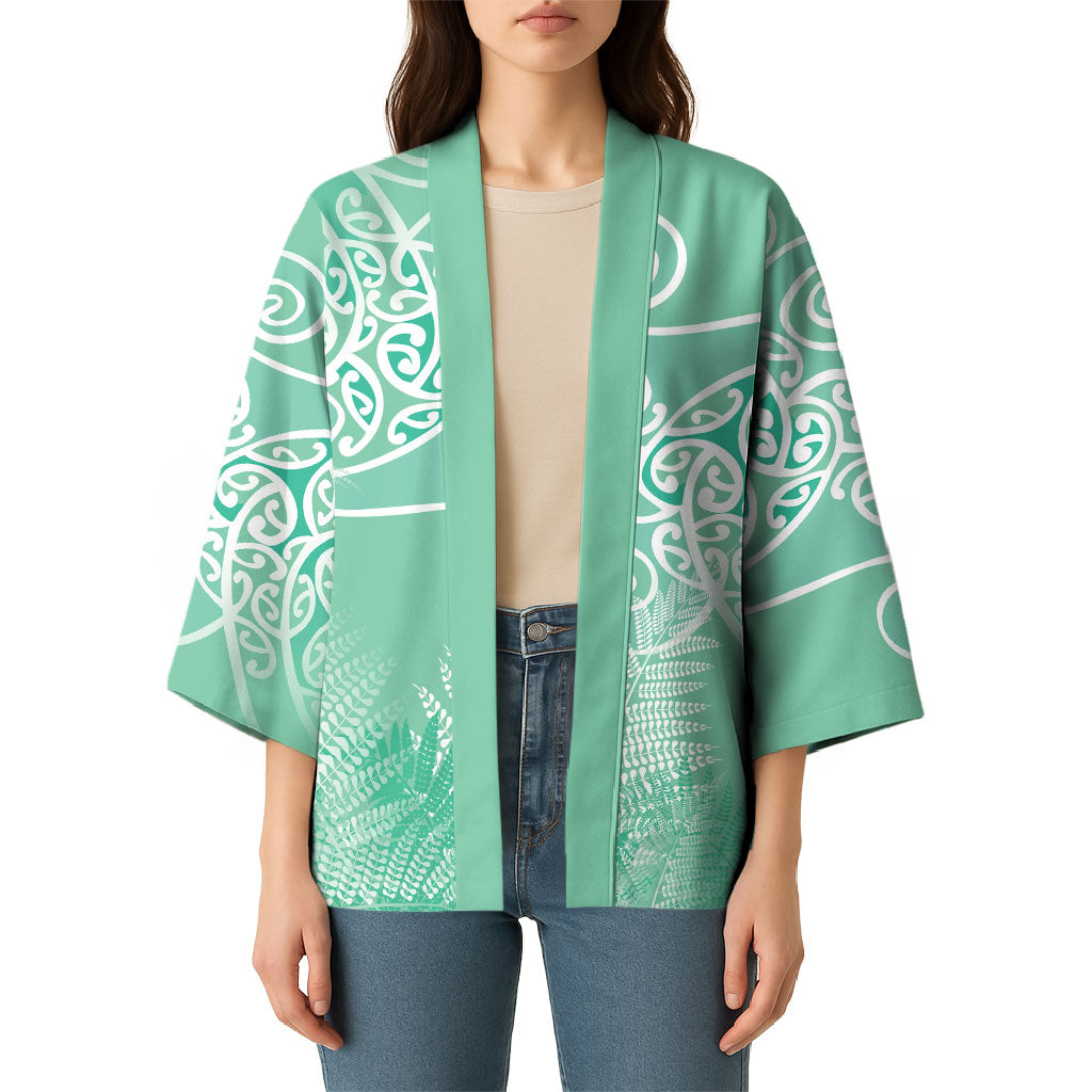 Aotearoa Maori Koru Curves Kimono Silver Ferns - Mint LT7 - Polynesian Pride