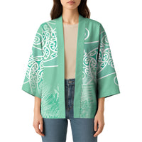 Aotearoa Maori Koru Curves Kimono Silver Ferns - Mint LT7 - Polynesian Pride