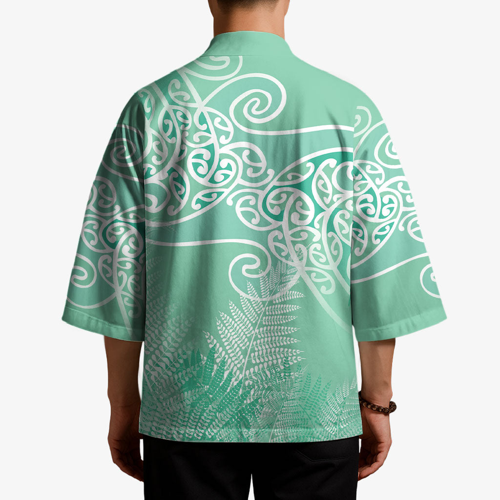 Aotearoa Maori Koru Curves Kimono Silver Ferns - Mint LT7 - Polynesian Pride