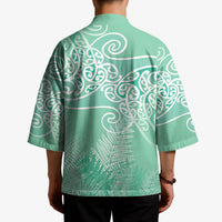 Aotearoa Maori Koru Curves Kimono Silver Ferns - Mint LT7 - Polynesian Pride
