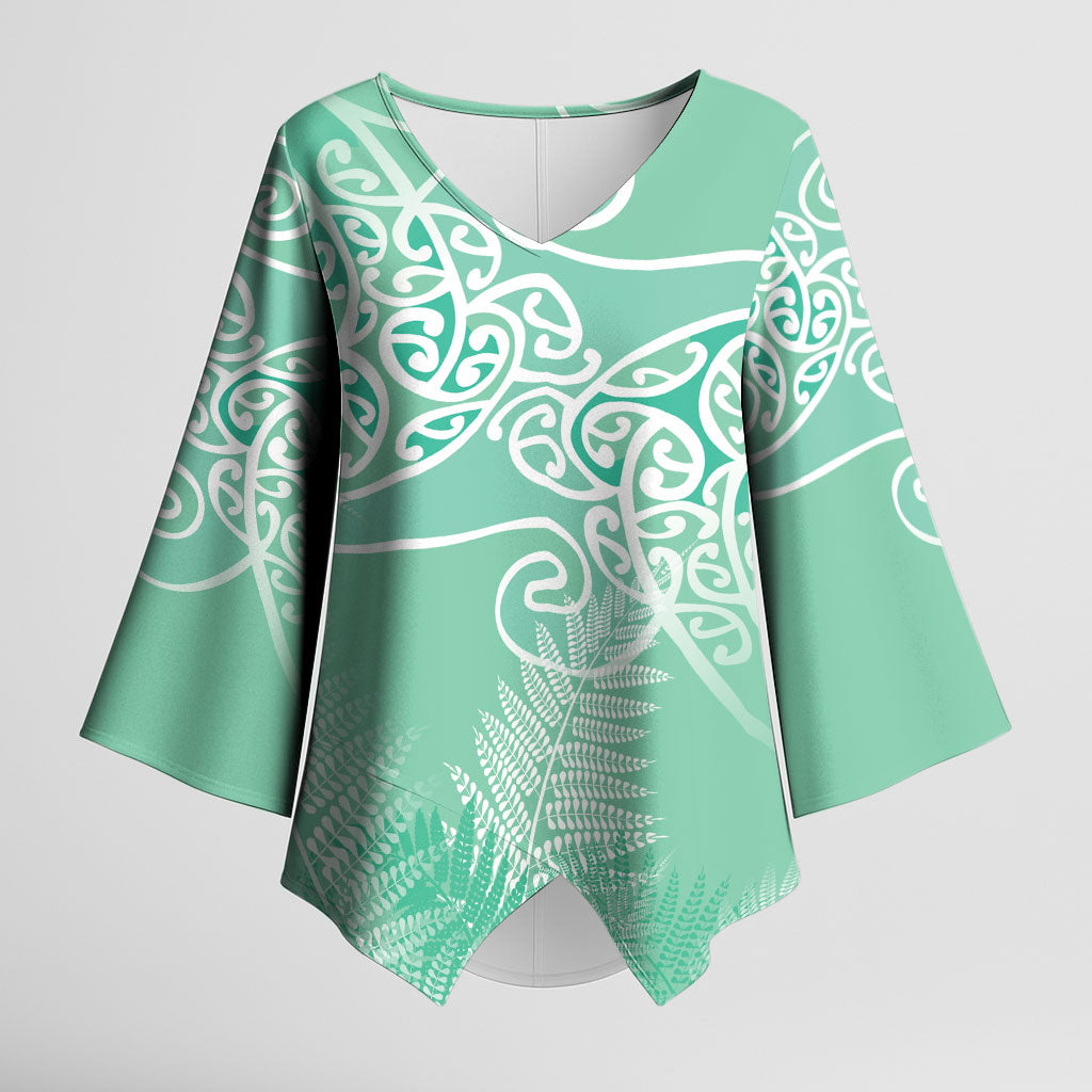 Aotearoa Maori Koru Curves Kimono Sleeve Blouse Silver Ferns - Mint LT7 Female Mint Green - Polynesian Pride