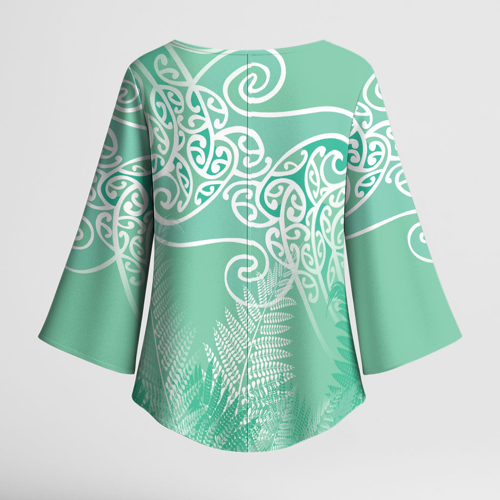 Aotearoa Maori Koru Curves Kimono Sleeve Blouse Silver Ferns - Mint LT7 - Polynesian Pride