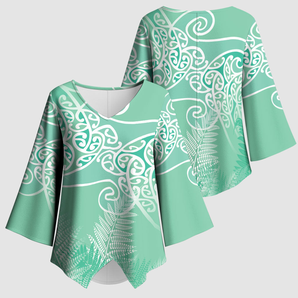 Aotearoa Maori Koru Curves Kimono Sleeve Blouse Silver Ferns - Mint LT7 - Polynesian Pride
