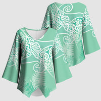 Aotearoa Maori Koru Curves Kimono Sleeve Blouse Silver Ferns - Mint LT7 - Polynesian Pride
