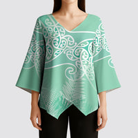 Aotearoa Maori Koru Curves Kimono Sleeve Blouse Silver Ferns - Mint LT7 - Polynesian Pride