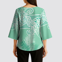 Aotearoa Maori Koru Curves Kimono Sleeve Blouse Silver Ferns - Mint LT7 - Polynesian Pride