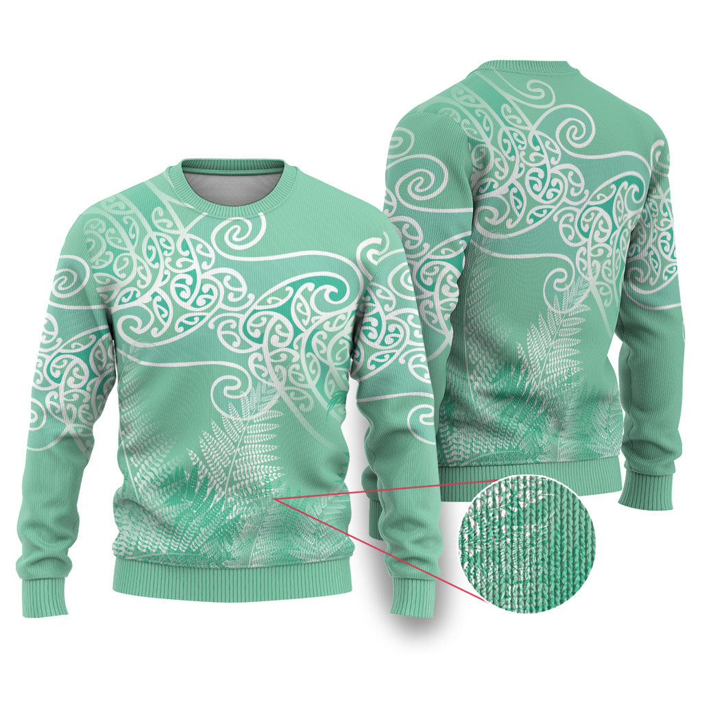 Aotearoa Maori Koru Curves Ugly Christmas Sweater Silver Ferns - Mint LT7 Mint Green - Polynesian Pride