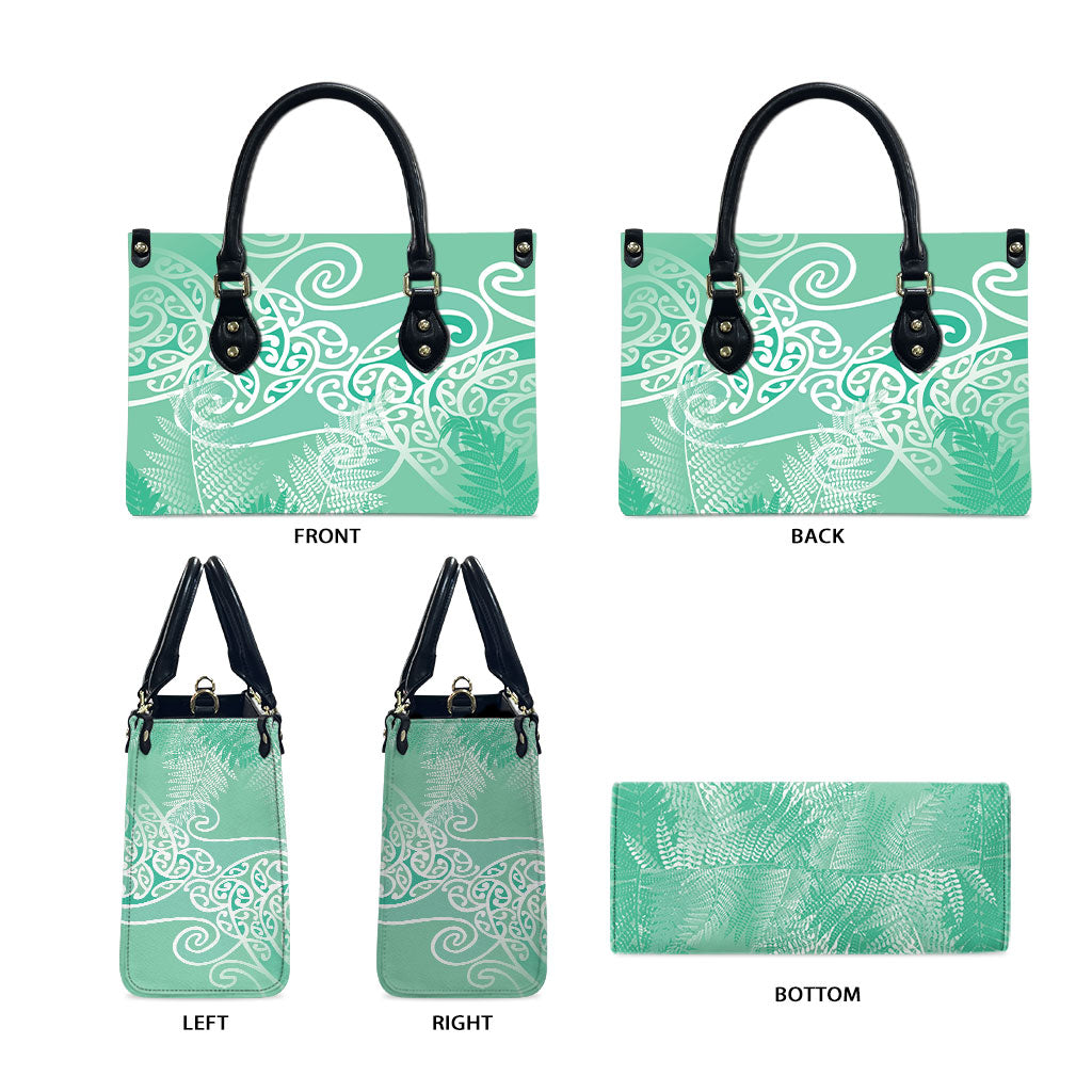 Aotearoa Maori Koru Curves Leather Bag Silver Ferns - Mint LT7 - Polynesian Pride
