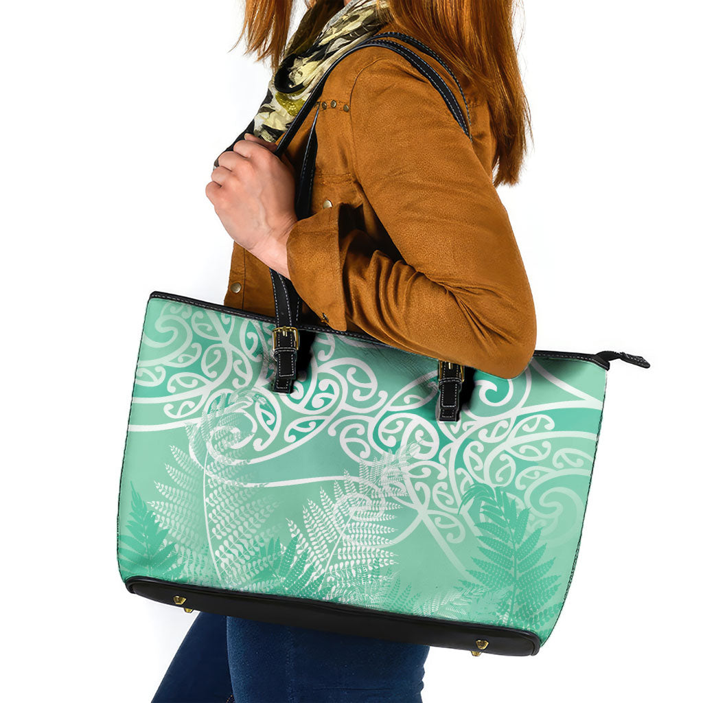 Aotearoa Maori Koru Curves Leather Tote Bag Silver Ferns - Mint LT7 Mint Green - Polynesian Pride