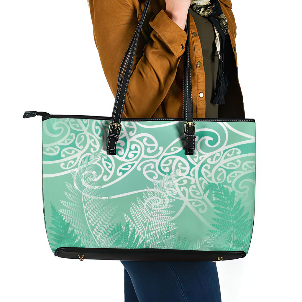Aotearoa Maori Koru Curves Leather Tote Bag Silver Ferns - Mint LT7 - Polynesian Pride