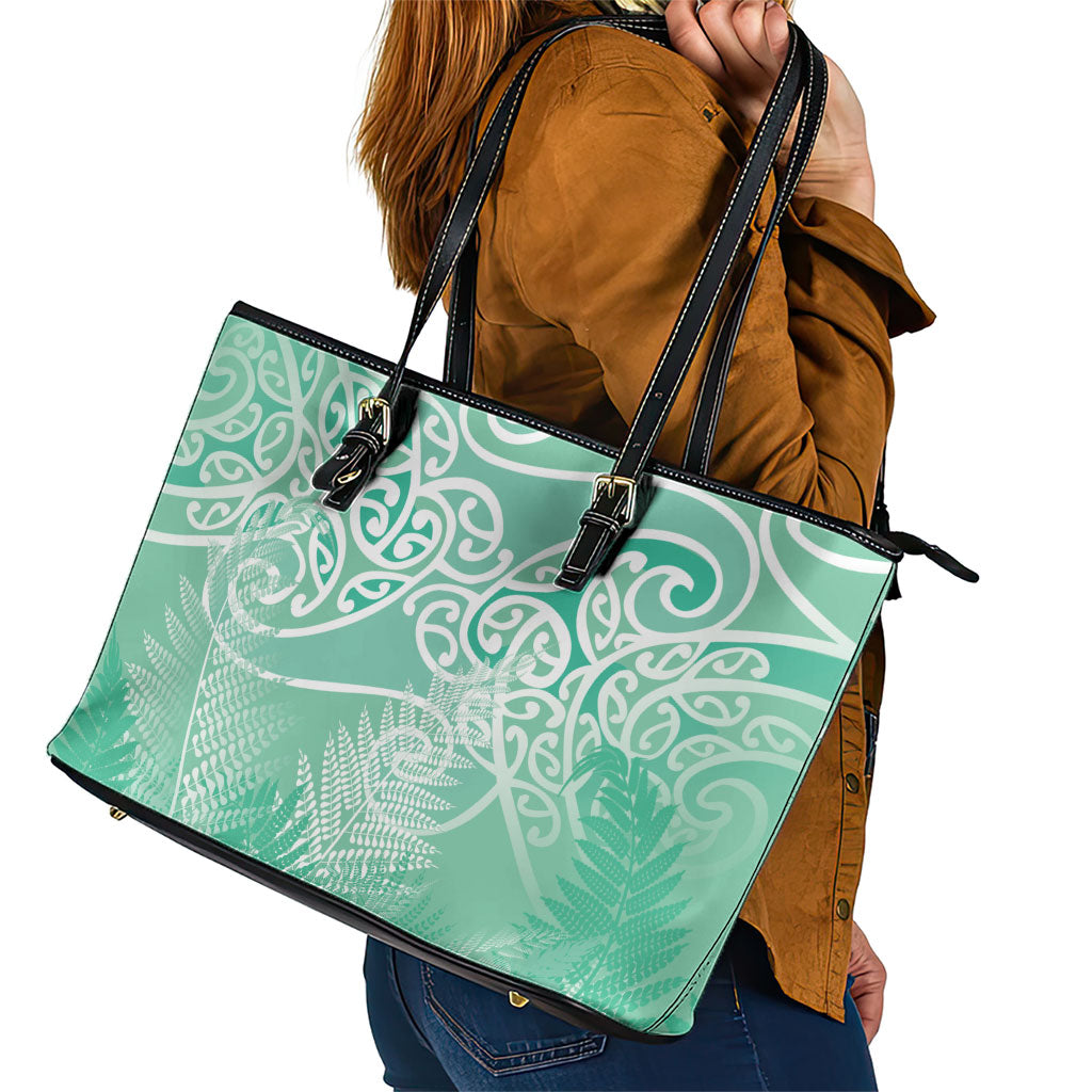 Aotearoa Maori Koru Curves Leather Tote Bag Silver Ferns - Mint LT7 - Polynesian Pride