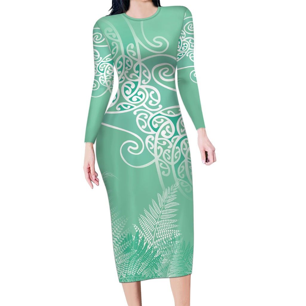 Aotearoa Maori Koru Curves Long Sleeve Bodycon Dress Silver Ferns - Mint LT7 Long Dress Mint Green - Polynesian Pride